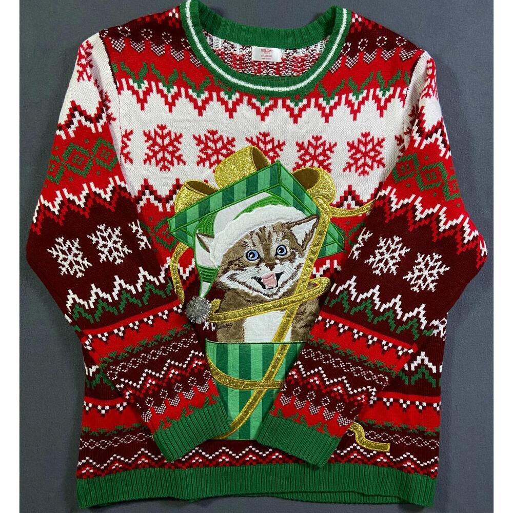 Holiday TIme Ugly Christmas Sweater Men's Size 2XL Red Green Cat Hidden Pocket